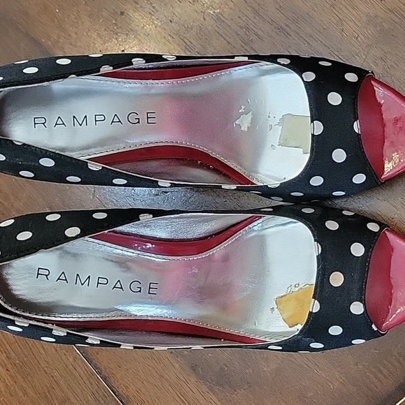 7.5 Rampage black and white polka dot peep toe heels with dark red heel. - Picture 3 of 4